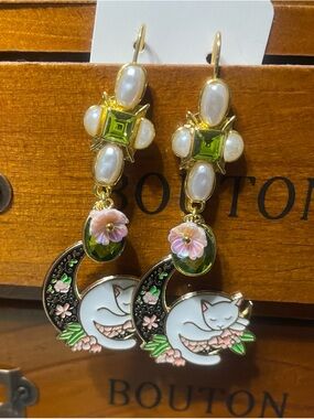 Gold-Tone White & Green Cat Crescent Drop Earrings - Floral Accent